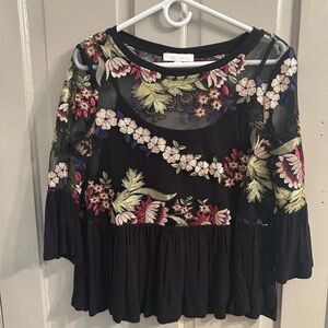 Anthropologie Black Floral Embroidered Blouse